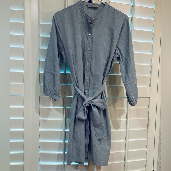 Everlane Cotton Weave Collarless Belted Shirtdress pinstripe Sz 6 pockets navy - Picture 2 of 16